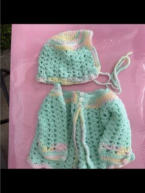 Handmade Mint Crochet Baby Hat & Cardigan Set - Pastel Trim